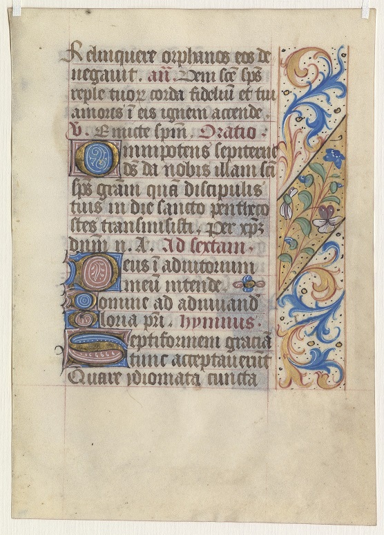 Illuminated leaf from a Book of Hours, verso, (1 parchment fragment, 2 pages), Paris, c. 1500 – 1550, 160 x 100 mm. SLSA RBR  091 M489 b.   