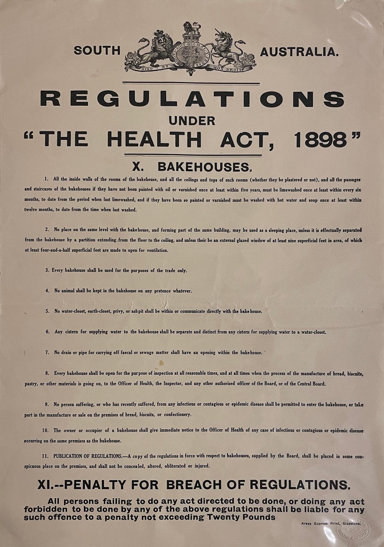 Bakehouses, Regulation 9. Poster, 1898.